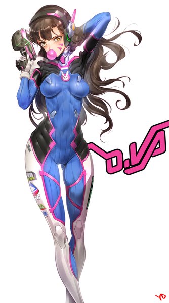 Anime picture 1198x2152 with overwatch blizzard entertainment d.va (overwatch) yd (orange maru) single tall image looking at viewer fringe light erotic simple background brown hair white background brown eyes signed character names facial mark adjusting hair arm behind head whisker markings girl