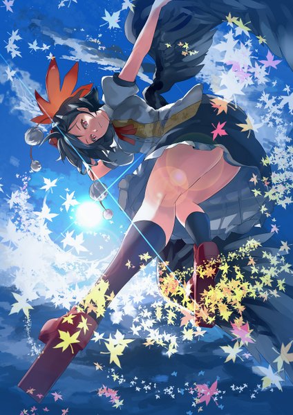 Anime picture 1013x1433 with touhou shameimaru aya three k (spiritus no honoo) single tall image looking at viewer fringe short hair black hair red eyes sky cloud (clouds) bent knee (knees) outdoors traditional clothes japanese clothes wind sunlight from below short sleeves