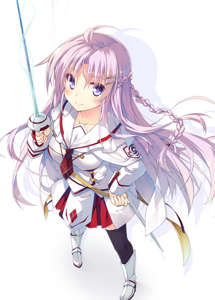 Anime picture 860x1200 with original t-ray single long hair tall image looking at viewer blush fringe breasts simple background smile white background purple eyes pink hair braid (braids) from above hand on hip girl thighhighs skirt