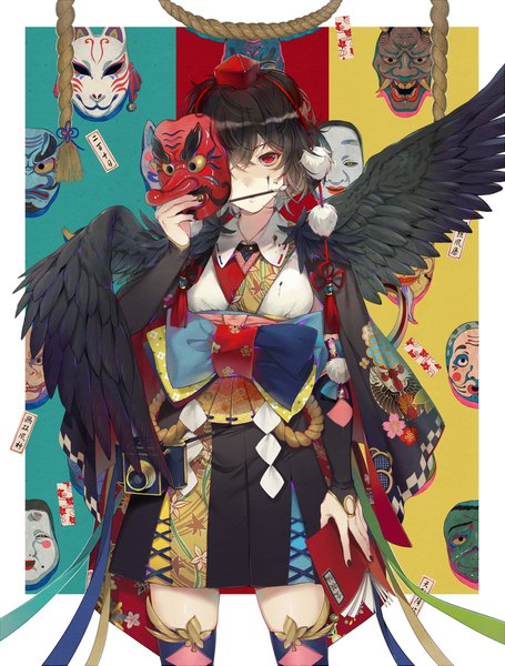 Anime picture 1338x1765 with touhou shameimaru aya ekita xuan single tall image looking at viewer fringe short hair hair between eyes red eyes brown hair holding nail polish mouth hold floral print blue background red background black wings yellow background adapted costume