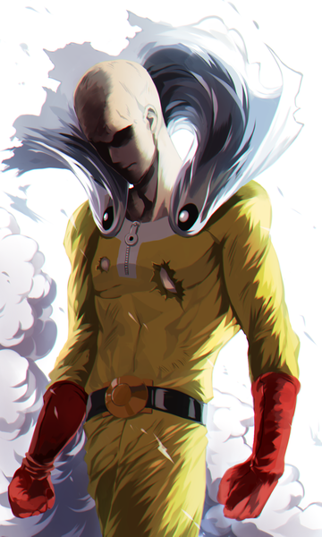 Anime picture 1080x1800 with one-punch man madhouse saitama (one-punch man) kkuwa single tall image simple background standing torn clothes looking down shaded face smoke walking bald superhero boy gloves belt cape bodysuit