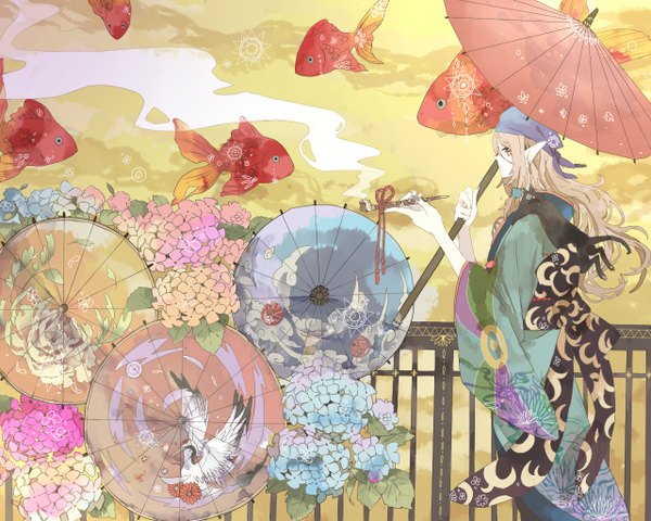 Anime picture 1280x1024 with mononoke toei animation kusuriuri (mononoke) anbivarens (artist) long hair blonde hair japanese clothes pointy ears smoke boy flower (flowers) umbrella fish (fishes) bandana oriental umbrella hydrangea pipe kiseru goldfish