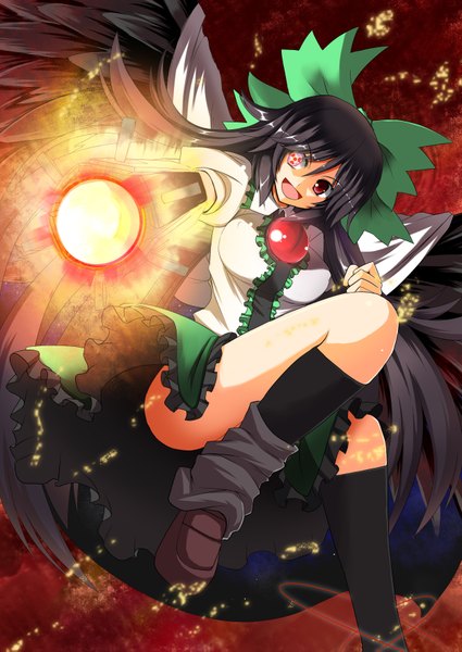 Anime picture 2507x3541 with touhou reiuji utsuho iwanori (artist) single long hair tall image highres open mouth black hair red eyes legs black wings arm cannon girl bow weapon hair bow wings cloak