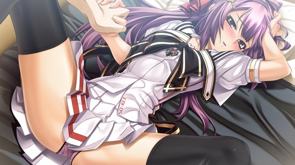 Anime picture 1280x720 with love replica long hair looking at viewer blush blue eyes light erotic wide image game cg purple hair pantyshot spread legs holding hands girl thighhighs uniform underwear panties black thighhighs school uniform