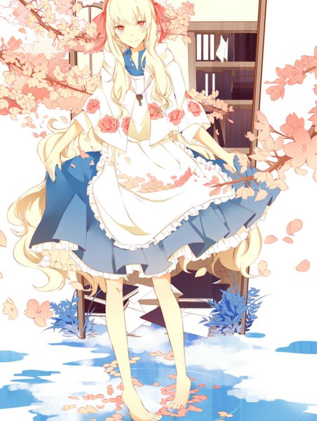 Anime picture 920x1220 with kagerou project shaft (studio) mary (kagerou project) teranishi (hazukitera) single long hair tall image looking at viewer blonde hair smile red eyes barefoot cherry blossoms girl dress flower (flowers) plant (plants) rose (roses) book (books) cape