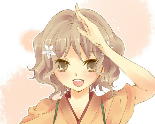Anime picture 1024x819 with hanasaku iroha p.a. works matsumae ohana single looking at viewer blush short hair open mouth blonde hair brown eyes traditional clothes girl hair ornament
