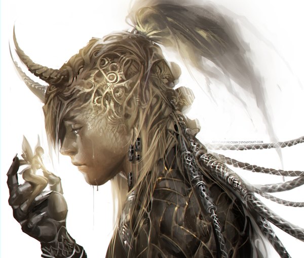 Anime picture 1568x1332 with sakimichan long hair simple background blonde hair white background signed ponytail profile horn (horns) fingernails pointy ears elf long fingernails insect wings butterfly wings fairy girl boy wings armor