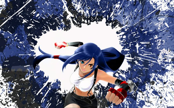 Anime picture 1280x800 with wide image blue hair heterochromia running girl gloves fingerless gloves suspenders