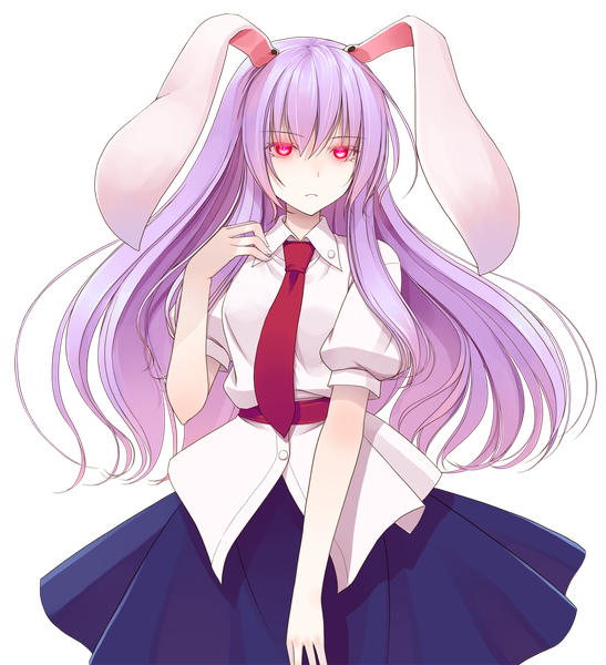 Anime picture 1100x1205 with touhou reisen udongein inaba crote single long hair tall image looking at viewer red eyes animal ears purple hair bunny ears glowing bunny girl transparent background glowing eye (eyes) girl skirt shirt necktie