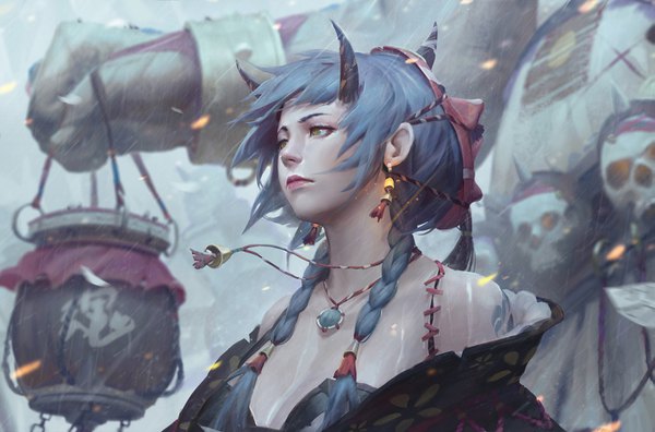 Anime picture 1363x900 with original guweiz long hair fringe bare shoulders holding yellow eyes blue hair looking away cleavage upper body braid (braids) horn (horns) wind lips realistic off shoulder tattoo lipstick twin braids