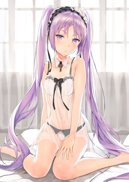 Anime picture 1068x1500 with fate (series) fate/grand order fate/hollow ataraxia euryale (fate) nanotaro single tall image looking at viewer blush fringe light erotic sitting purple eyes twintails bare shoulders purple hair indoors very long hair head tilt barefoot