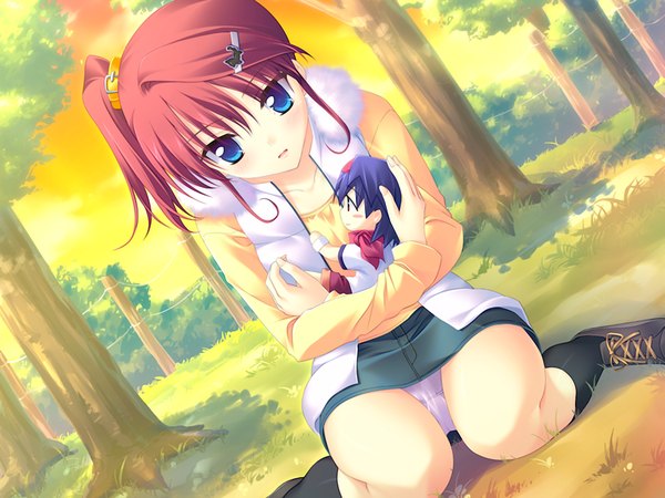 Anime picture 1200x900 with fairy life (game) blue eyes light erotic game cg red hair pantyshot pantyshot sitting girl
