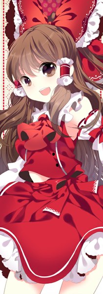 Anime picture 353x1000 with touhou hakurei reimu roh nam kyung single long hair tall image blush open mouth smile brown hair brown eyes girl skirt bow hair bow detached sleeves skirt set red skirt large bow