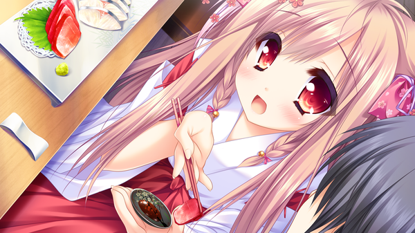 Anime picture 1280x720 with tayutama 2 mito kohaku long hair looking at viewer blush open mouth red eyes brown hair wide image game cg traditional clothes japanese clothes miko girl boy bow hair bow food meat