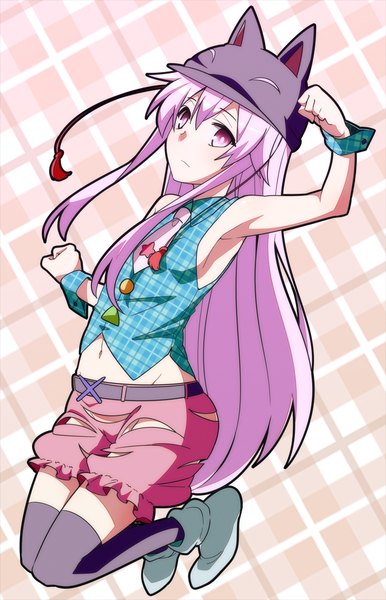 Anime picture 696x1080 with touhou hata no kokoro jeno single long hair tall image looking at viewer blush fringe light erotic bare shoulders pink hair pink eyes armpit (armpits) thighs spread arms jumping plaid paw pose adapted costume