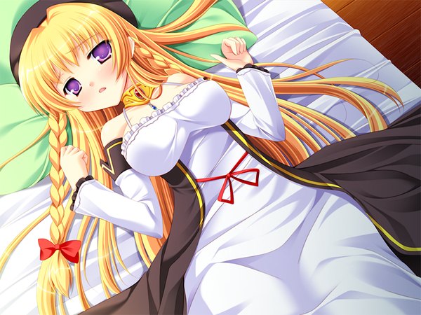 Anime picture 1200x900 with light erotic blonde hair purple eyes game cg braid (braids) girl dress bed jewelry