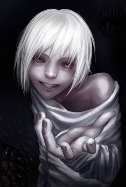 Anime picture 1824x2700 with majin tantei nougami neuro kaito x vsot (artist) single tall image looking at viewer highres short hair smile bare shoulders white hair realistic black background white eyes eyes evil grin boy