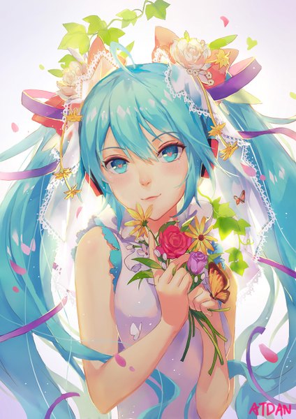 Anime picture 940x1329 with vocaloid hatsune miku atdan single tall image looking at viewer blush twintails very long hair aqua eyes aqua hair girl flower (flowers) ribbon (ribbons) hair ribbon headphones