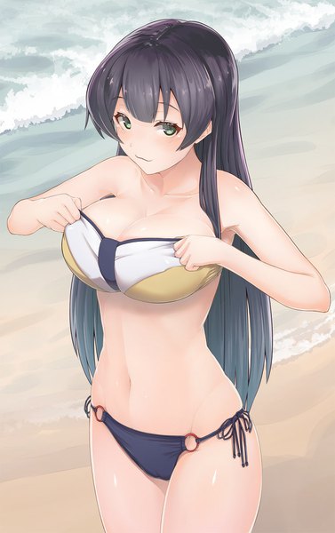 Anime picture 1132x1800 with kantai collection agano light cruiser urigarasu single long hair tall image looking at viewer blush fringe breasts light erotic black hair smile standing green eyes from above alternate costume beach huge breasts groin