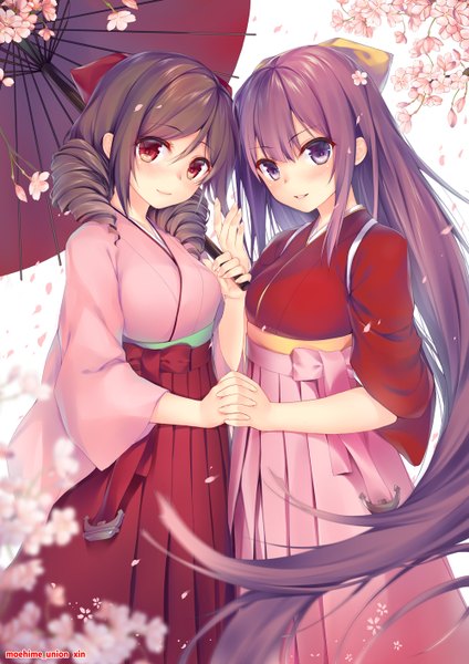Anime picture 1000x1414 with kantai collection kamikaze destroyer harukaze destroyer obiwan long hair tall image looking at viewer blush black hair red eyes purple eyes multiple girls purple hair traditional clothes japanese clothes holding hands drill hair revision girl flower (flowers)