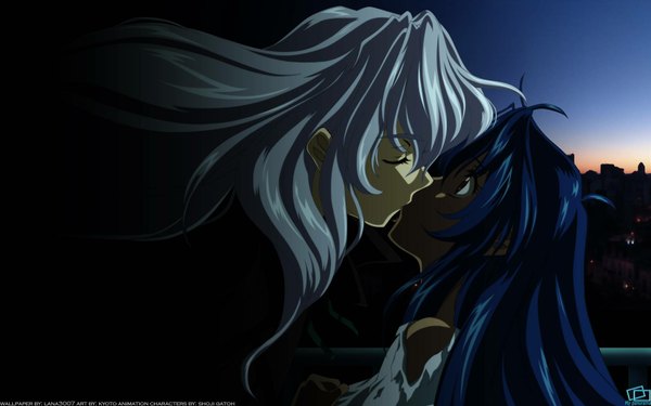 Anime picture 1920x1200 with full metal panic! gonzo chidori kaname leonard testarossa long hair highres wide image bare shoulders brown eyes blue hair white hair eyes closed cityscape kiss girl boy