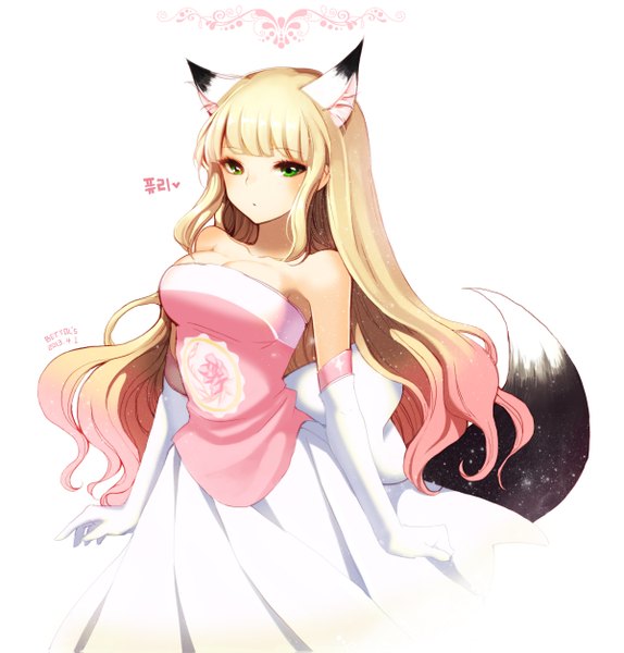 Anime picture 1200x1255 with original bettols single long hair tall image blonde hair white background bare shoulders green eyes animal ears tail animal tail fox ears fox tail fox girl girl dress gloves elbow gloves