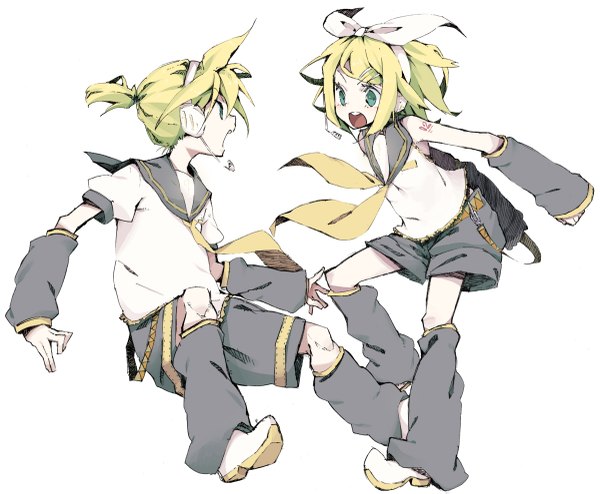 Anime picture 1200x989 with vocaloid kagamine rin kagamine len abara heiki short hair open mouth blonde hair simple background white background profile aqua eyes girl boy hair ornament bow hair bow detached sleeves socks shorts headphones