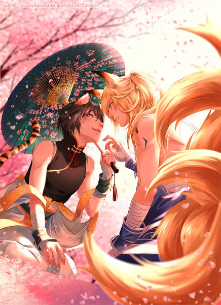 Anime picture 840x1155 with original yazad salam cinnamonsao long hair tall image short hair blue eyes light erotic black hair blonde hair smile animal ears yellow eyes ponytail tail traditional clothes animal tail profile multiple boys