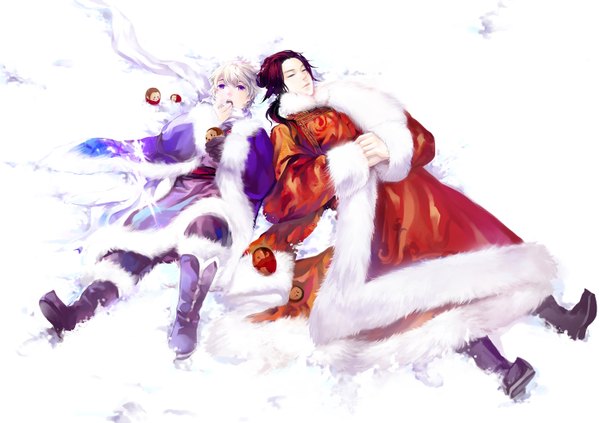 Anime picture 1390x982 with axis powers hetalia studio deen russia (hetalia) china (hetalia) loli bushi long hair short hair open mouth blonde hair purple eyes red hair lying eyes closed winter snow boy scarf winter clothes