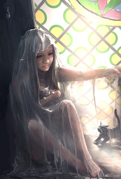 Anime picture 608x900 with ghost blade yan (ghost blade) wlop single long hair tall image blue eyes sitting holding barefoot lips pointy ears grey hair mole bare legs mole under eye playing girl animal window