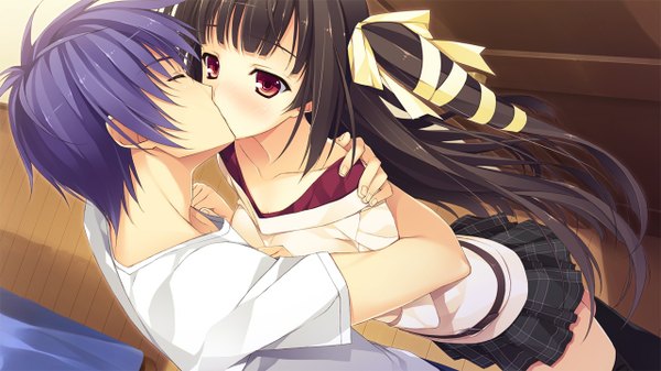 Anime picture 1280x720 with koikishi purely kiss shidou mana yuuki hagure long hair short hair black hair red eyes wide image game cg purple hair couple kiss girl thighhighs boy black thighhighs