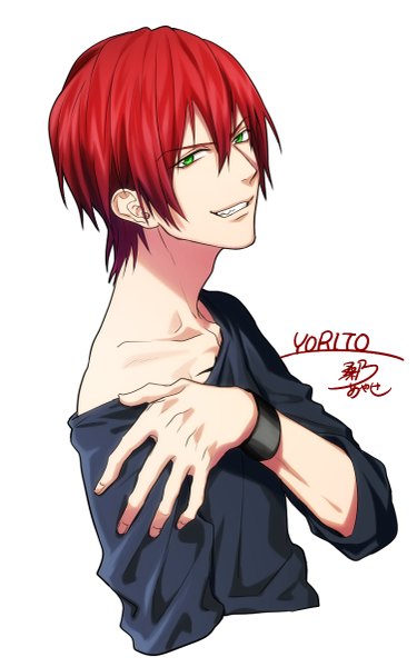 Anime picture 751x1200 with dynamic chord kisaka yorito kuwa ayase single tall image fringe short hair simple background smile hair between eyes white background green eyes signed upper body red hair character names grin boy bracelet