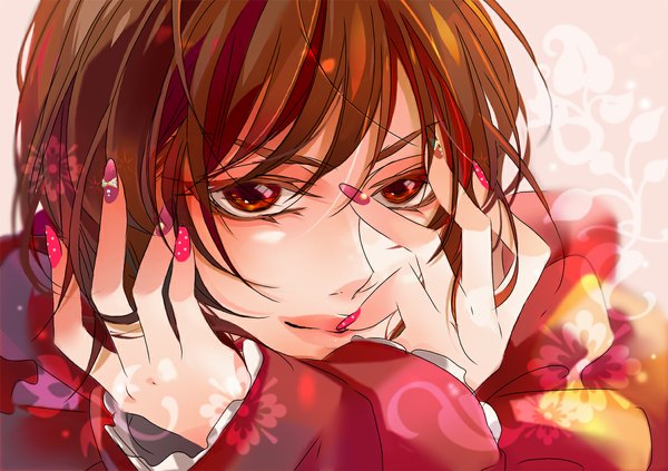 Anime picture 1193x843 with vocaloid meiko single looking at viewer short hair smile red eyes brown hair nail polish close-up pink nail polish nail art girl flower (flowers)