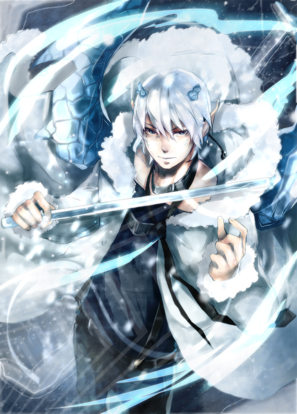 Anime picture 1000x1395 with original saito yukihiro single tall image looking at viewer short hair blue eyes white hair pointy ears magic boy necktie belt fur ice wand