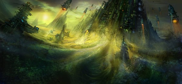 Anime picture 1568x730 with original philipstraub (artist) wide image city science fiction water castle