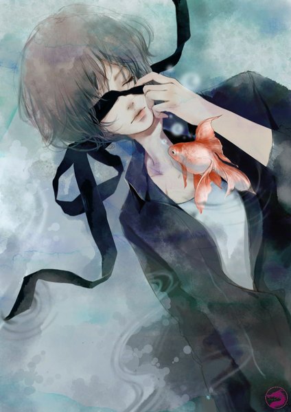 Anime picture 1060x1500 with original jide77 single tall image short hair brown hair eyes closed from above grey hair realistic open clothes open jacket underwater blindfold boy ribbon (ribbons) water jacket eyepatch fish (fishes)