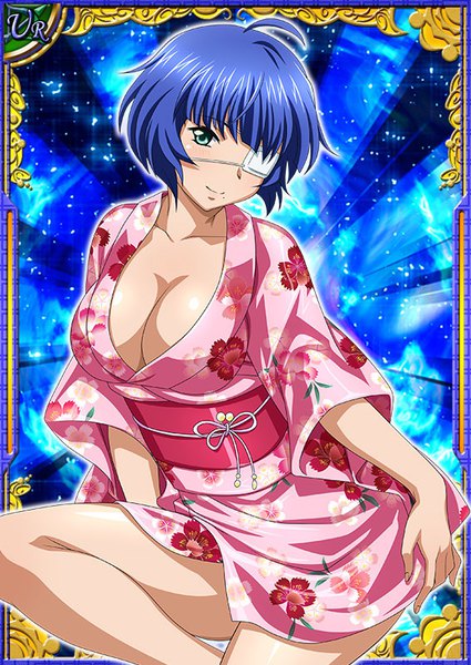 Anime picture 567x800 with ikkitousen ryomou shimei single tall image looking at viewer fringe short hair breasts light erotic smile large breasts blue hair looking away cleavage ahoge bent knee (knees) traditional clothes japanese clothes aqua eyes official art