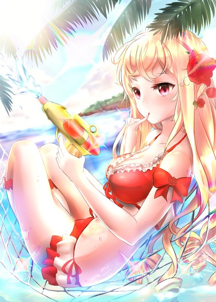 Anime picture 800x1120 with sword girls cinia pacifica bada (jksh5056) bada jksh5056 single long hair tall image looking at viewer fringe light erotic blonde hair red eyes bare shoulders holding bent knee (knees) hair flower sunlight bare belly beach