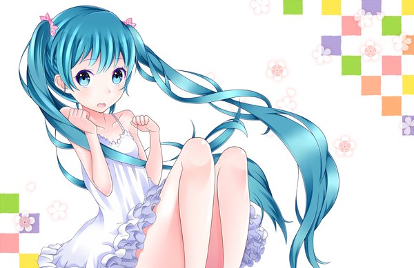 Anime picture 1540x1000 with vocaloid hatsune miku mochi-pon (artist) single looking at viewer open mouth twintails bare shoulders very long hair aqua eyes aqua hair girl dress flower (flowers) sundress