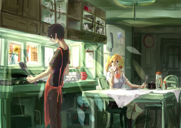 Anime picture 3507x2480 with kagerou project shaft (studio) kisaragi shintarou kisaragi momo yelsh highres short hair breasts blonde hair standing sitting holding brown eyes absurdres ponytail sunlight side ponytail eating brother and sister cooking