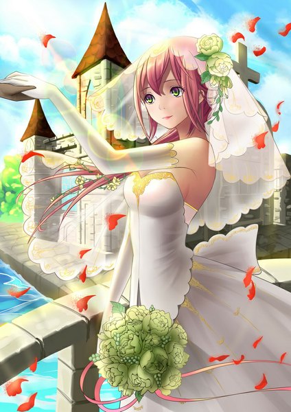 Anime picture 707x1000 with original catcan single long hair tall image green eyes pink hair girl dress gloves flower (flowers) petals elbow gloves white gloves bouquet wedding dress strapless dress