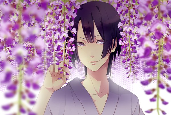 Anime picture 1000x676 with uta no prince-sama a-1 pictures hijirikawa masato utaoka (23com) single looking at viewer fringe short hair smile purple eyes purple hair upper body lips mole mole under eye boy flower (flowers) wisteria