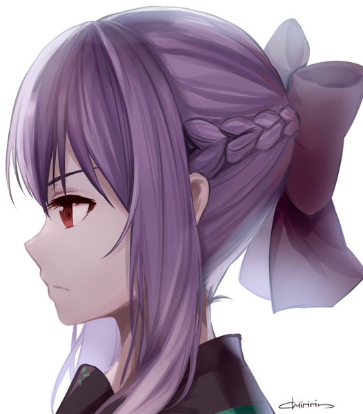 Anime picture 2480x2828 with owari no seraph wit studio hiiragi shinoa chiiririn single long hair tall image fringe highres simple background hair between eyes red eyes white background signed payot purple hair braid (braids) profile portrait side braid