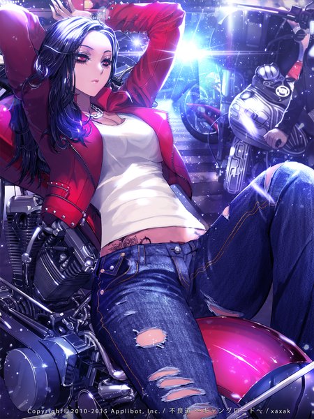 Anime picture 1600x2133 with furyou michi ~gang road~ xaxak long hair tall image black hair red eyes sitting looking away bent knee (knees) night open clothes open jacket tattoo torn clothes light arms behind head girl choker jacket chain