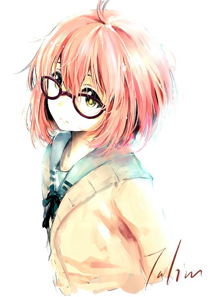 Anime picture 787x1114 with kyoukai no kanata kyoto animation kuriyama mirai talim (pixiv) single tall image fringe short hair simple background white background signed yellow eyes pink hair ahoge looking up bob cut girl uniform school uniform glasses