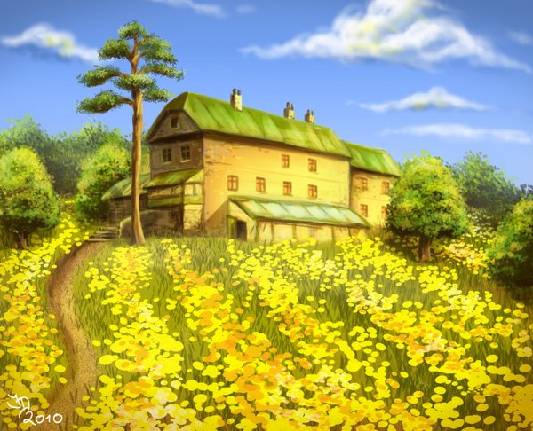 Anime picture 1500x1215 with original pixx 73 (artist) landscape field flower (flowers) plant (plants) tree (trees) house path