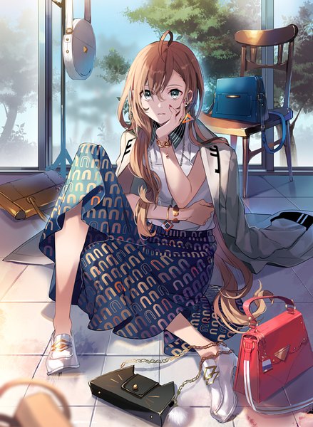 Anime picture 703x960 with eihi single long hair tall image looking at viewer fringe hair between eyes brown hair sitting ahoge indoors nail polish blurry grey eyes sleeveless shaded face floor clothes on shoulders red nail polish fashion