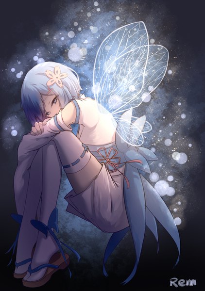 Anime picture 1149x1632 with re:zero kara hajimeru isekai seikatsu white fox rem (re:zero) ajisashihou single tall image looking at viewer short hair blue eyes sitting blue hair full body traditional clothes zettai ryouiki character names crossed arms insect wings butterfly wings girl thighhighs