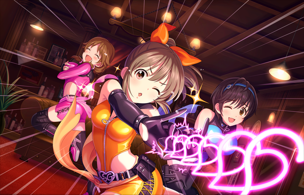 Anime picture 1280x824 with idolmaster idolmaster cinderella girls idolmaster cinderella girls starlight stage oikawa shizuku katagiri sanae hori yuuko annindoufu (oicon) looking at viewer blush short hair breasts open mouth black hair smile brown hair twintails multiple girls brown eyes bent knee (knees) ponytail