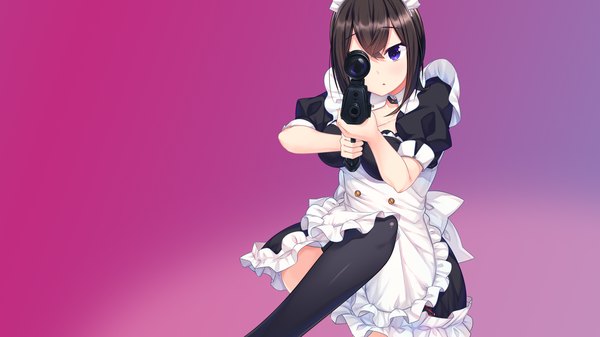 Anime picture 1280x720 with shirogane x spirits! giga uzuki tokiko kino (kino konomi) single blush short hair open mouth black hair wide image purple eyes game cg cleavage maid purple background girl thighhighs dress uniform weapon